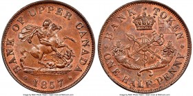 Province of Canada. Bank of Upper Canada "St. George" 1/2 Penny Token 1857 MS65 Brown NGC, KM-Tn2, Br-720, PC-5D. Plain edge. Coin alignment. From the...