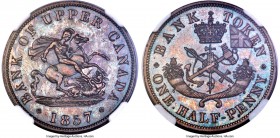 Province of Canada. Bank of Upper Canada Specimen "St. George" 1/2 Penny Token 1857 SP64 Brown NGC, KM-Tn2a, Br-720, PC-5D. A fully struck selection d...