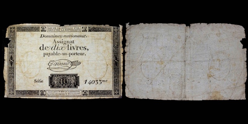 Assignat de dix livres, 24 octobre 1792, Série 14033me
L'An I de la République
V...