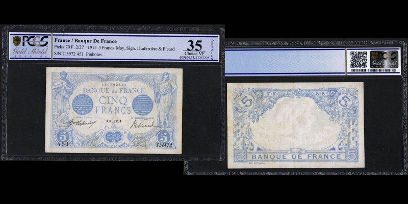 Banque de France
5 Francs Bleu, 1915
Ref : Pick#70, F. 2/27
PCGS Choice VF 35 De...