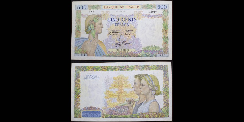 Banque de France
500 Francs, La Paix, 26.9.1940
Ref : F. 32/6
VF