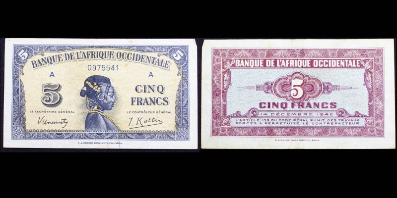 Banque de L'Afrique Occidentale
5 Francs, 14 décembre 1942, Série A
Ref : Pick#2...