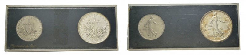 Série de 2 essais de 1 et 5 Francs, Paris, 1959, Ni pour la 1 Franc et AG pour l...