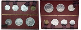 Coffret cartonné comprenant les trois essais Cambodge de 10, 20 et 50 cents, (Lec.149, 152 et 155) et les quatre essais Maroc de 1, 2, 5 et 100 francs...