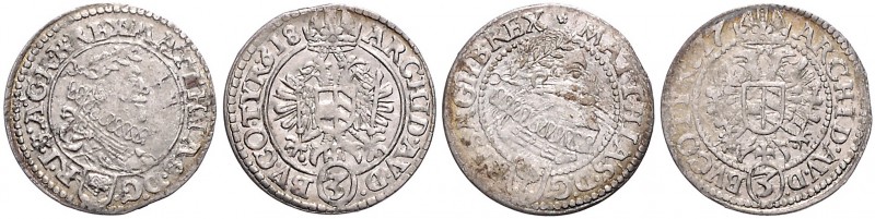 MATTHIAS II (1608 - 1619)&nbsp;
Lot 2 coins 3 Kreuzer 1617 a 1618, Wien. M. A. ...