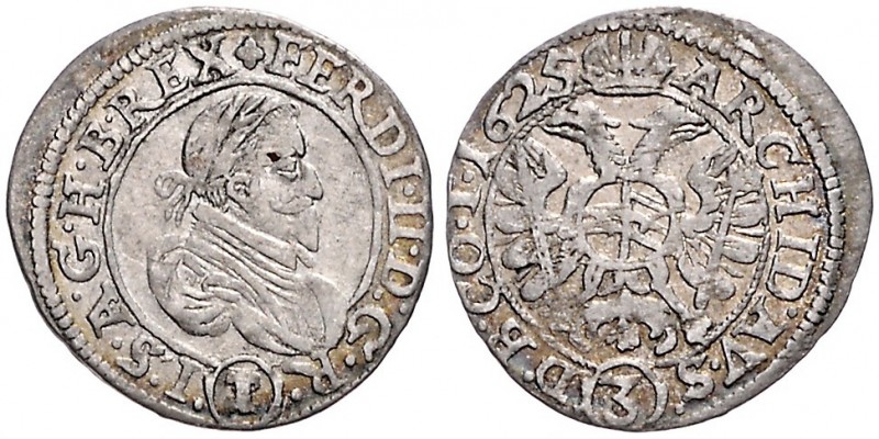 FERDINAND II (1619 - 1637)&nbsp;
3 Kreuzer, 1625, 1,57g, St. Pölten. Her. 1063&...