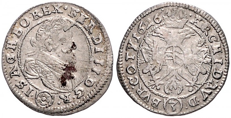 FERDINAND II (1619 - 1637)&nbsp;
3 Kreuzer, 1626, 1,68g, St. Pölten. Her. 1069&...