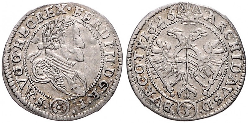 FERDINAND II (1619 - 1637)&nbsp;
3 Kreuzer, 1626, 1,67g, St. Pölten. Her. 1070&...