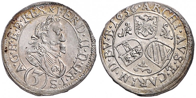 FERDINAND II (1619 - 1637)&nbsp;
3 Kreuzer, 1636, 1,78g, St. Veit. Her. 1135&nb...