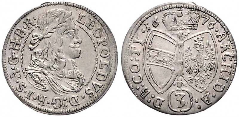 LEOPOLD I (1657 - 1705)&nbsp;
3 Kreuzer, 1676, 1,47g, Hall. Her. 1420&nbsp;

...