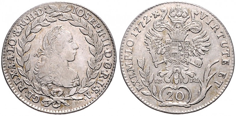 JOSEPH II (1765 - 1790)&nbsp;
20 Kreuzer, 1772, 6,47g, G. Her. 215&nbsp;

abo...
