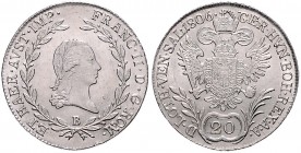 FRANCIS II / I (1972 - 1806 - 1835)&nbsp;
20 Kreuzer, 1806, 6,51g, B. Früh. 271&nbsp;

UNC | UNC , R!