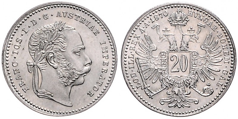 FRANZ JOSEPH I (1848 - 1916)&nbsp;
20 Kreuzer, 1870, 2,66g, Wien. Früh. 1581&nb...