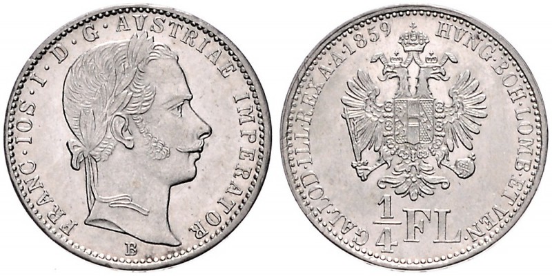 FRANZ JOSEPH I (1848 - 1916)&nbsp;
1/4 Gulden, 1859, 5,34g, B. Früh. 1525&nbsp;...