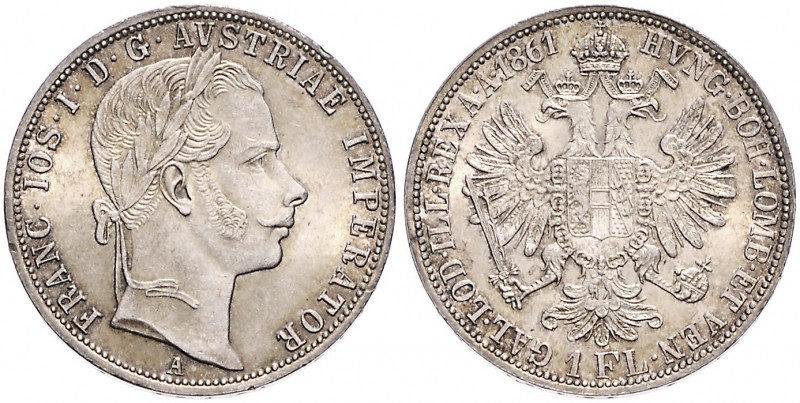 FRANZ JOSEPH I (1848 - 1916)&nbsp;
1 Gulden, 1861, 12,35g, A. Früh. 1460&nbsp;...