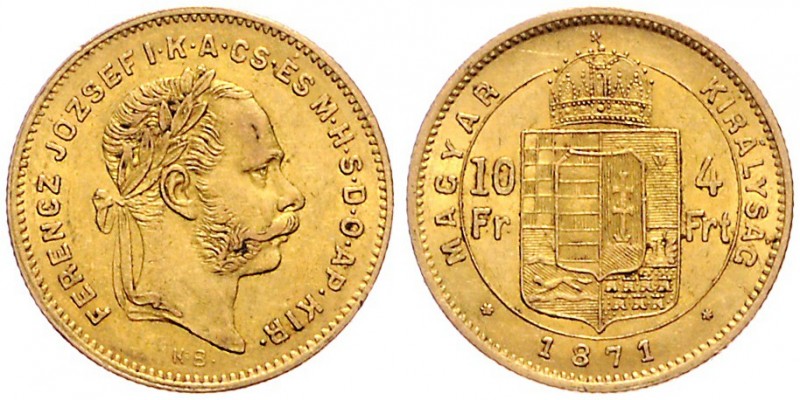 FRANZ JOSEPH I (1848 - 1916)&nbsp;
10 Forint, 1871, 3,22g, KB. Früh. 1744&nbsp;...