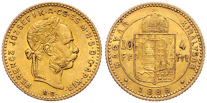 FRANZ JOSEPH I (1848 - 1916)&nbsp;
10 Forint, 1888, 3,21g, KB. Früh. 1762&nbsp;...