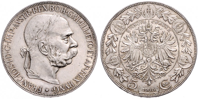 FRANZ JOSEPH I (1848 - 1916)&nbsp;
5 Corona, 1900, 23,81g, Wien. Früh. 1959&nbs...