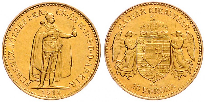 FRANZ JOSEPH I (1848 - 1916)&nbsp;
10 Korona, 1914, 3,38g, KB. Früh. 2078&nbsp;...