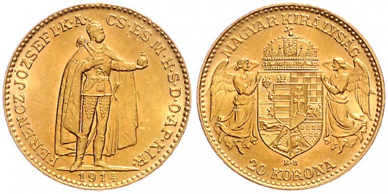 FRANZ JOSEPH I (1848 - 1916)&nbsp;
20 Korona - Bosnia, 1914, 6,77g, KB. Früh. 2...