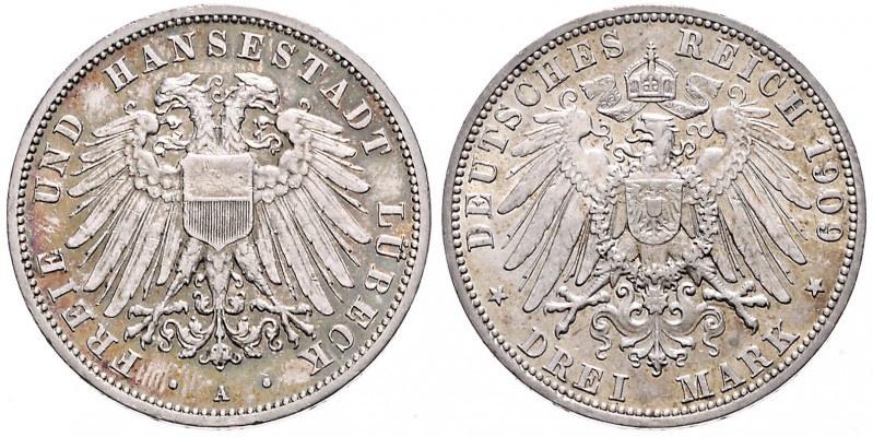 GERMAN STATES&nbsp;
3 Mark Free und Hansestadt Lübeck, 1909, 16,64g, Jägger&nbs...