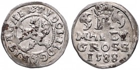 COINS MINTED IN BOHEMIA DURING THE REIGN OF RUDOLF II (1576 - 1612)&nbsp;
Small groschen, 1588, 0,97g, České Budějovice. Hal. 458&nbsp;

EF | EF