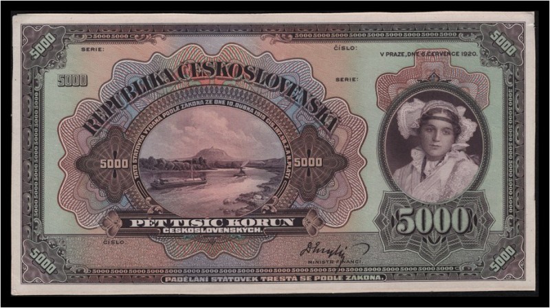 CZECHOSLOVAK REPUBLIK (1919 - 1939)&nbsp;
Nátisk 5000 Kčs realized size, 1920, ...