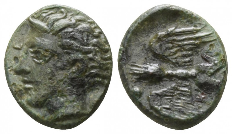 Sicily. Katane circa 405-402 BC.
Onkia AE

9mm., 0,65g.

Head of river god ...