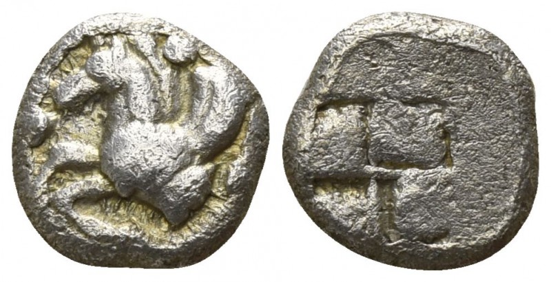 Macedon. Argilos 470-460 BC.
Hemiobol AR

7mm., 0,37g.

Forepart of Pegasos...