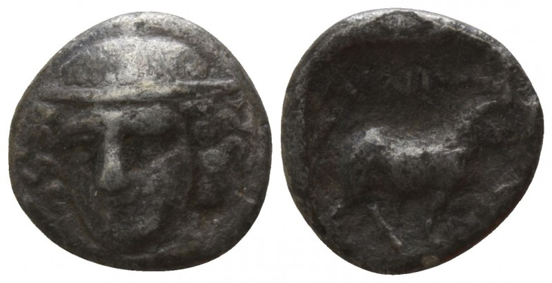 Thrace. Ainos circa 400 BC.
Diobol AR

10mm., 1,01g.

Head of Hermes facing...
