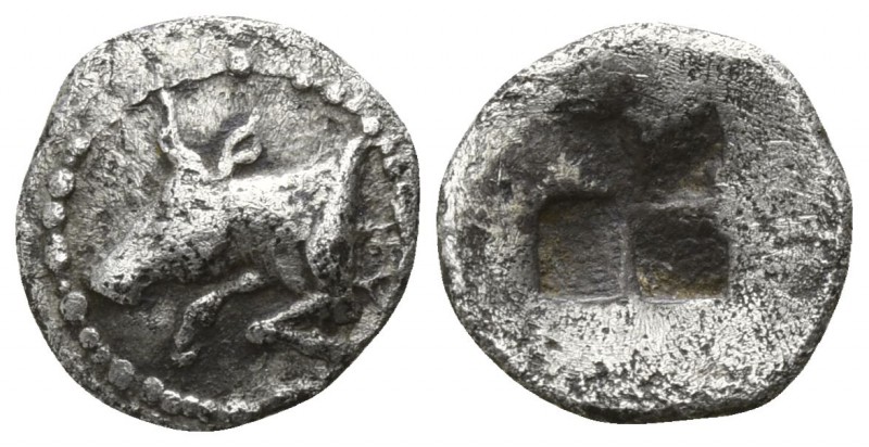 Thrace. Byzantion 387-340 BC.
Hemiobol AR

8mm., 0,36g.

ΠΥ; forepart of bu...