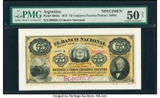 Argentina Banco Nacional 75 Centavos Fuertes 1873 Pick S648s Specimen PMG About Uncirculated 50 Net. Four POCs; Specimen overprint; Specimen mounted o...