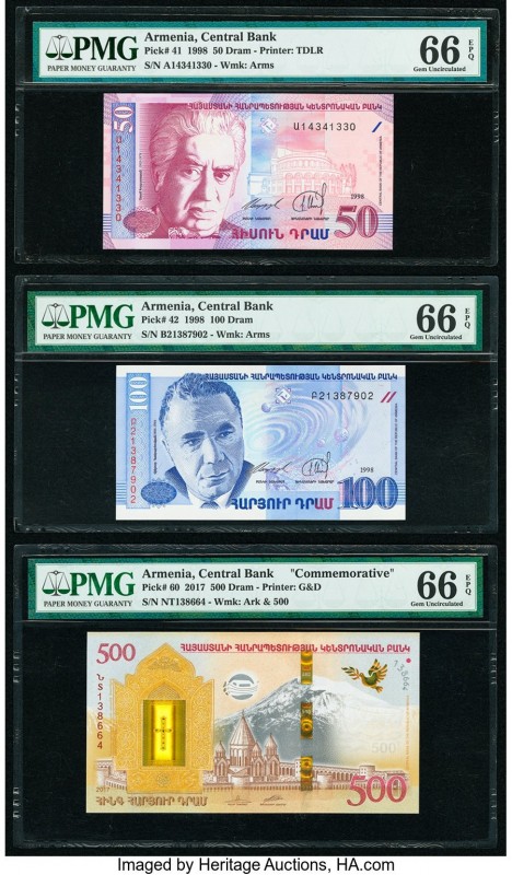 Armenia Central Bank 50; 100; 500 Dram 1998 (2); 2017 Pick 41; 42; 60 Three Exam...