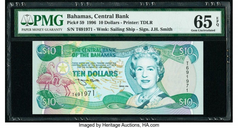 Bahamas Central Bank 10 Dollars 1996 Pick 59 PMG Gem Uncirculated 65 EPQ. 

HID0...