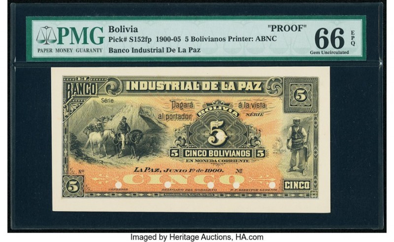 Bolivia Banco Industrial de La Paz 5 Bolivianos 1900-05 Pick S152fp Front Proof ...