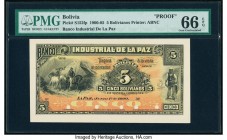 Bolivia Banco Industrial de La Paz 5 Bolivianos 1900-05 Pick S152fp Front Proof PMG Gem Uncirculated 66 EPQ. Five POCs.

HID09801242017

© 2020 Herita...