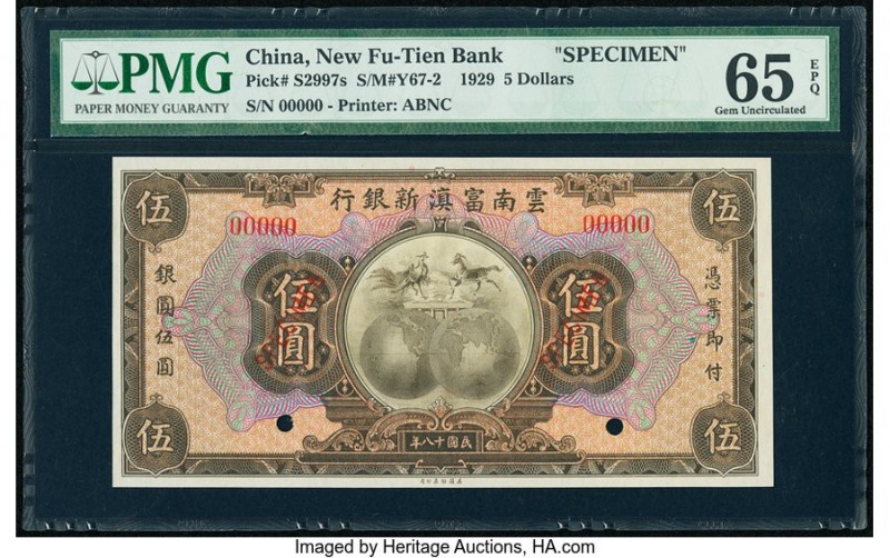 China New Fu-Tien Bank 5 Dollars 1929 Pick S2997s S/M#Y67-2 Specimen PMG Gem Unc...
