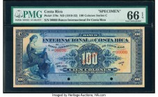 Costa Rica Banco Internacional de Costa Rica 100 Colones ND (1919-32) Pick 178s Specimen PMG Gem Uncirculated 66 EPQ. Two POCs; red Specimen overprint...