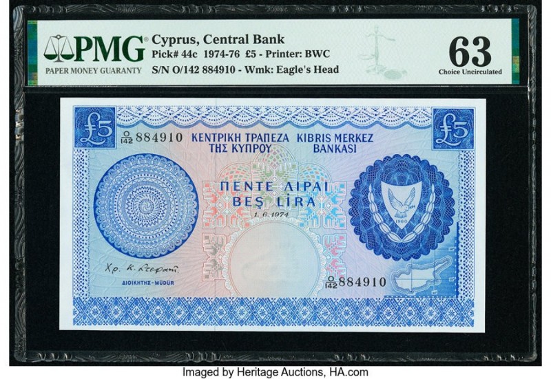 Cyprus Central Bank of Cyprus 5 Pounds 1.6.1974 Pick 44c PMG Choice Uncirculated...