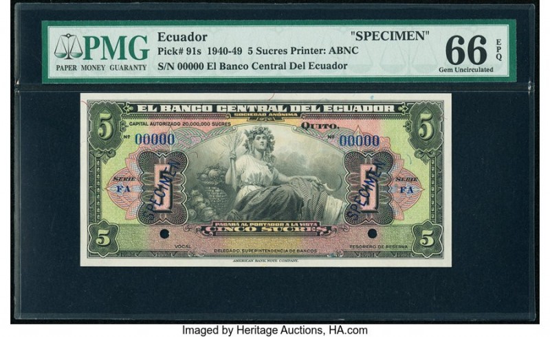 Ecuador Banco Central del Ecuador 5 Sucres 1940-49 Pick 91s Specimen PMG Gem Unc...
