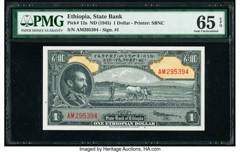 Ethiopia State Bank of Ethiopia 1 Dollar ND (1945) Pick 12a PMG Gem Uncirculated...