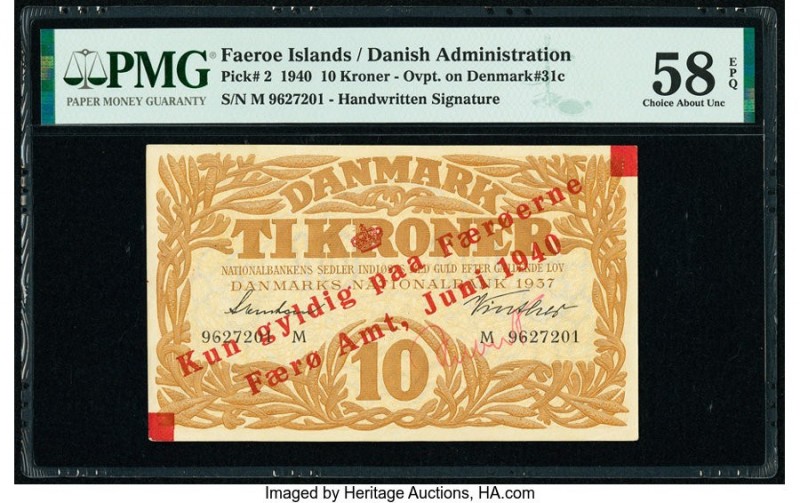 Faeroe Islands Faero Amt 10 Kroner 1940 Pick 2 PMG Choice About Unc 58 EPQ. Hand...