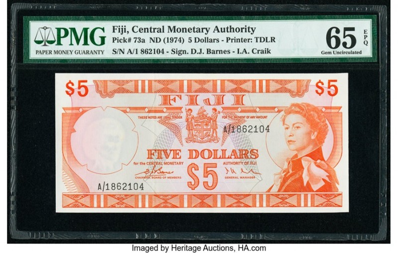 Fiji Central Monetary Authority 5 Dollars ND (1974) Pick 73a PMG Gem Uncirculate...