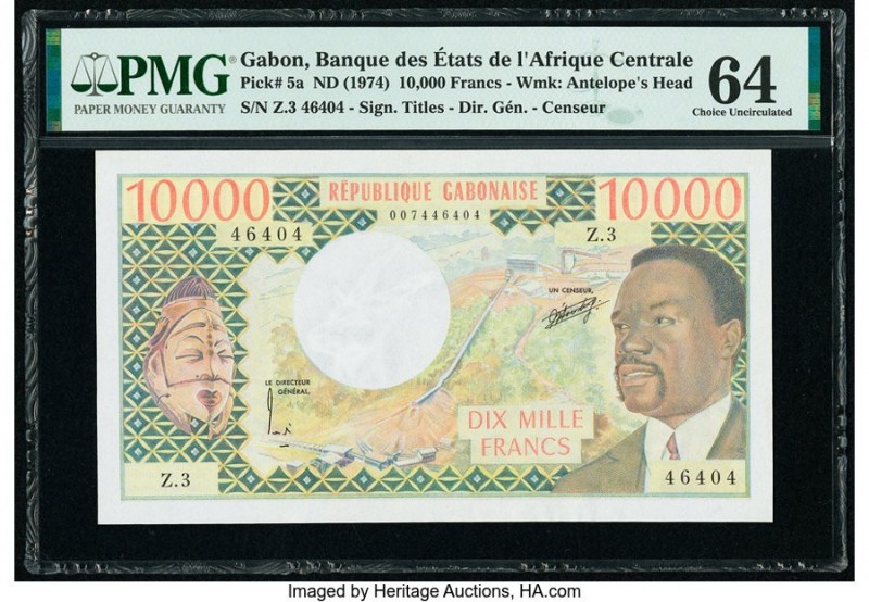 Gabon Banque des Etats de l'Afrique Centrale 10,000 Francs ND (1974) Pick 5a PMG...