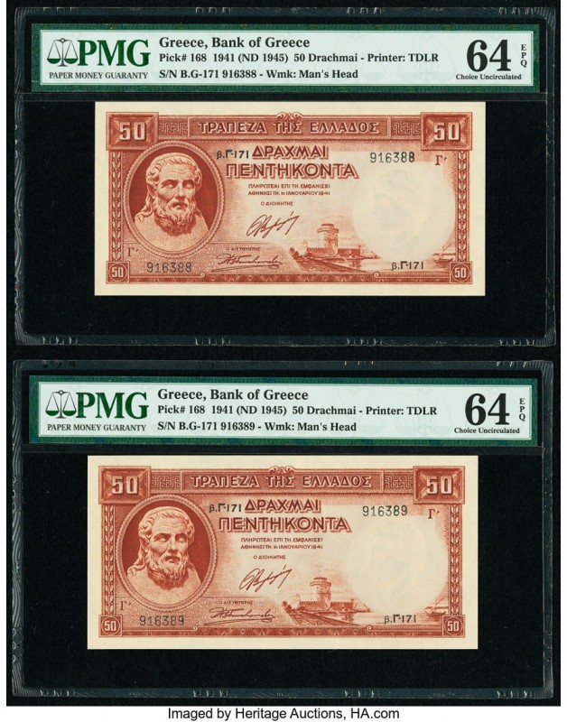 Greece Bank of Greece 50 Drachmai 1941 (ND 1945) Pick 168 Two Consecutive Exampl...