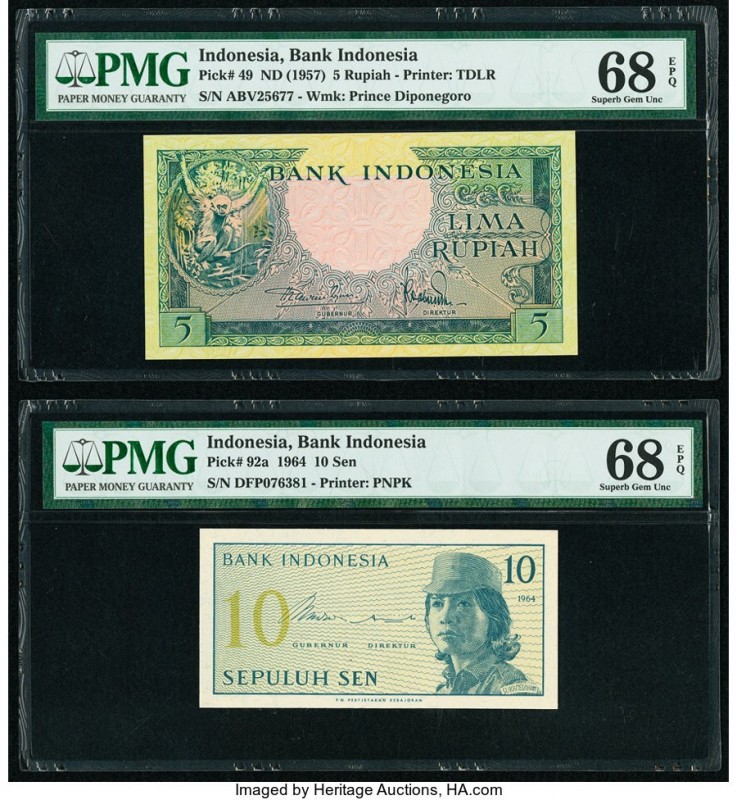Indonesia Bank Indonesia 5 Rupiah; 10 Sen ND (1957); 1964 Pick 49; 92a Two Examp...