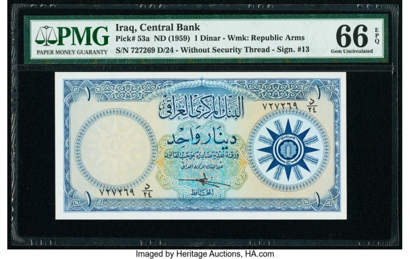 Iraq Central Bank of Iraq 1 Dinar ND (1959) Pick 53a PMG Gem Uncirculated 66 EPQ...