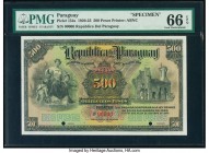 Paraguay Republica del Paraguay 500 Pesos 1920-23 Pick 154s Specimen PMG Gem Uncirculated 66 EPQ. Two POCs; red Specimen overprint.

HID09801242017

©...