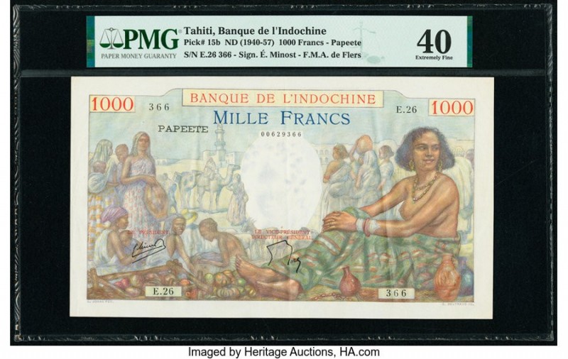 Tahiti Banque de l'Indochine 1000 Francs ND (1940-57) Pick 15b PMG Extremely Fin...