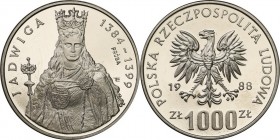 Collection - Nickel Probe Coins
POLSKA / POLAND / POLEN / PATTERN

PRL. PROBE Nickel 1000 zlotych 1988 Jadwiga 

Piękny egzemplarz. Fischer P 335...